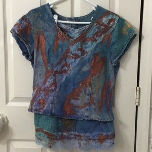 VINTAGE 80’s hand painted one of a kind asymmetrical small jean skirt and top.
